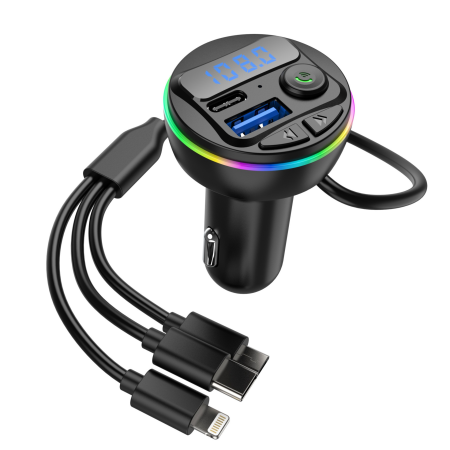 Incarcator Auto Fast Charge  Modulator FM Bluetooth Flippy, PD 20W + QC3.0, 3 Cabluri Integrate (Lightning, Type C, MicroUSB), Handsfree si MP3 Player